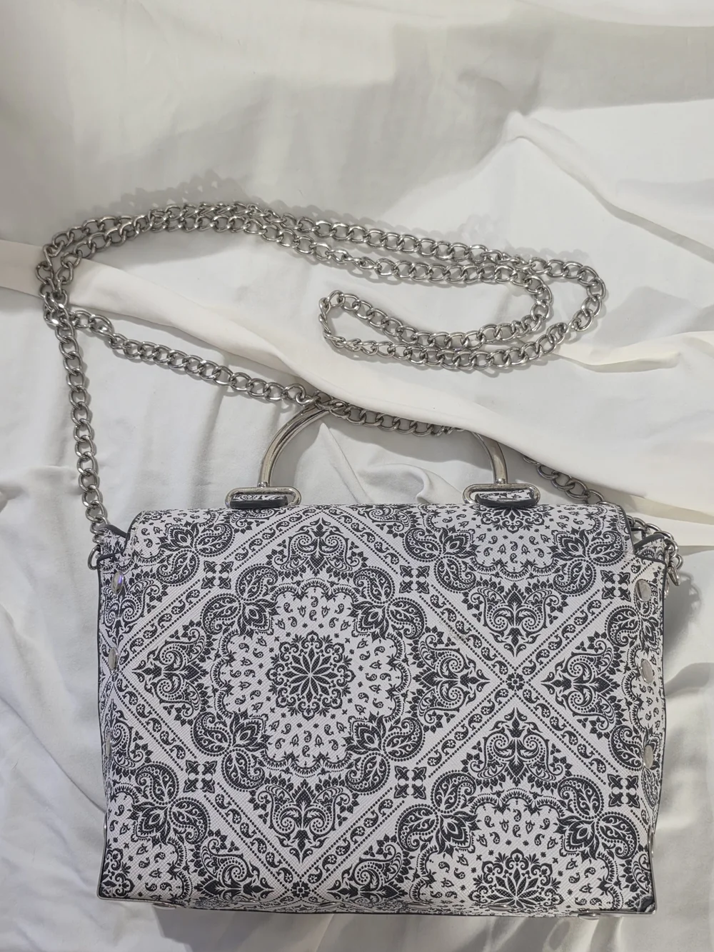 Black White Paisley Top Handle Bag Chain Strap Structured Purse